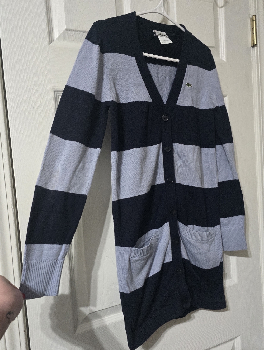 Y2K Lacoste Rugby Stripe Tunic Length Button Down Cotton Knit Cardigan Sweater. - Picture 3 of 12